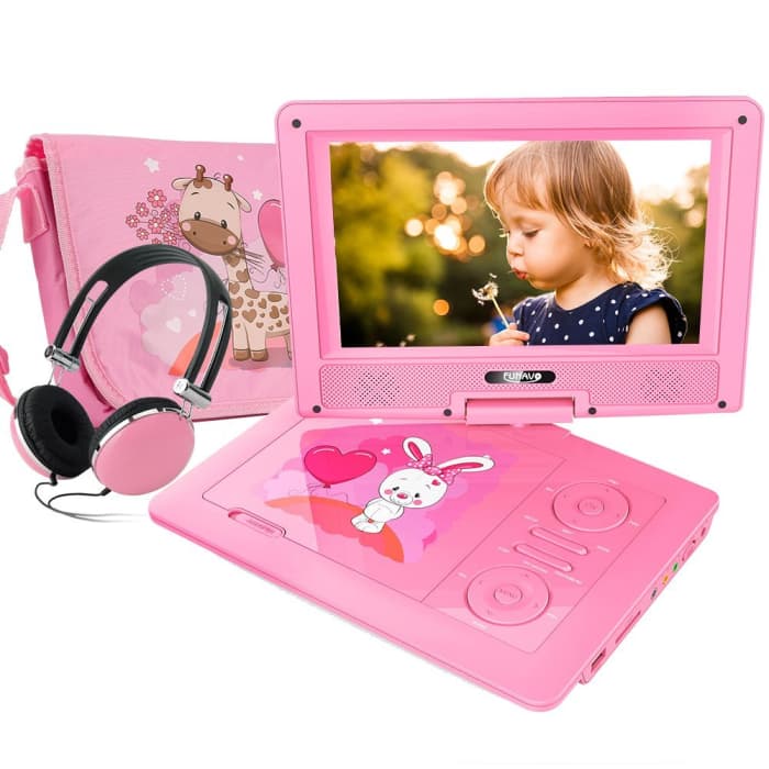 The FUNAVO 10.5". The FUNAVO was a great buy. The picture quality and audio are good, and it comes with matching headphones and carry case. The swivel screen is relatively large for a portable, and easy for my young daughter to use.