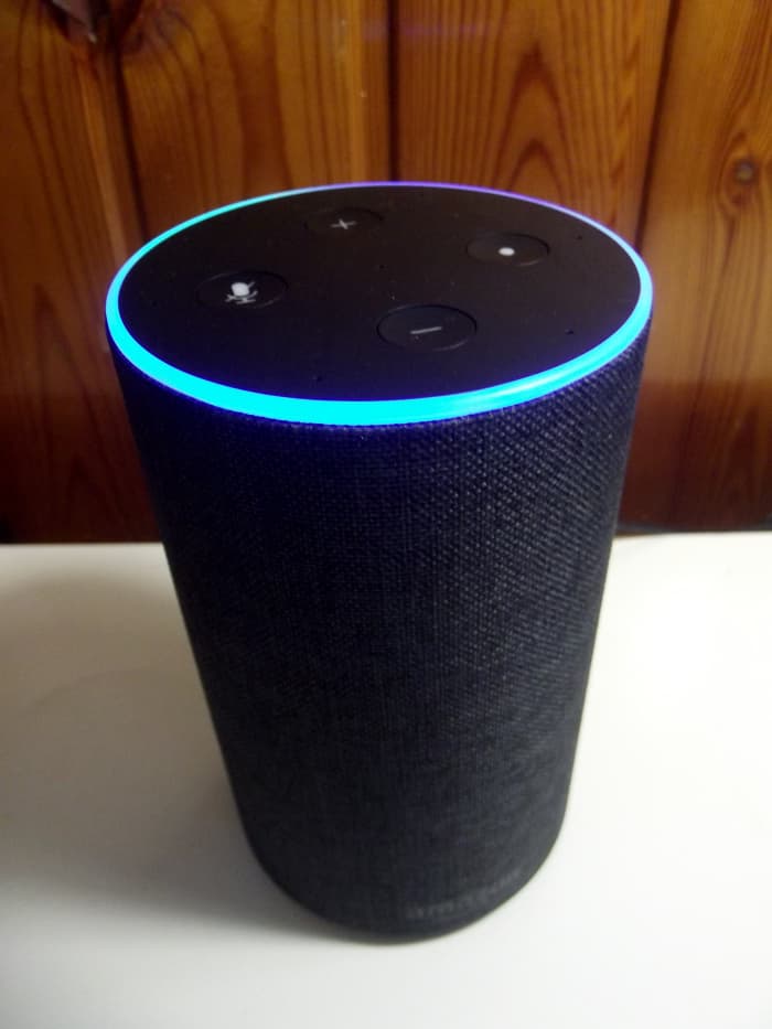Amazon’s Echo Smart Speaker. When receiving a command or question, blue ring lights
