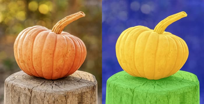 The image on the left is the original image. The image on the right shows three distinct areas of the image. Deep learning image classification algorithms can easily separate an object(yellow) from its background (blue) and foreground (green).