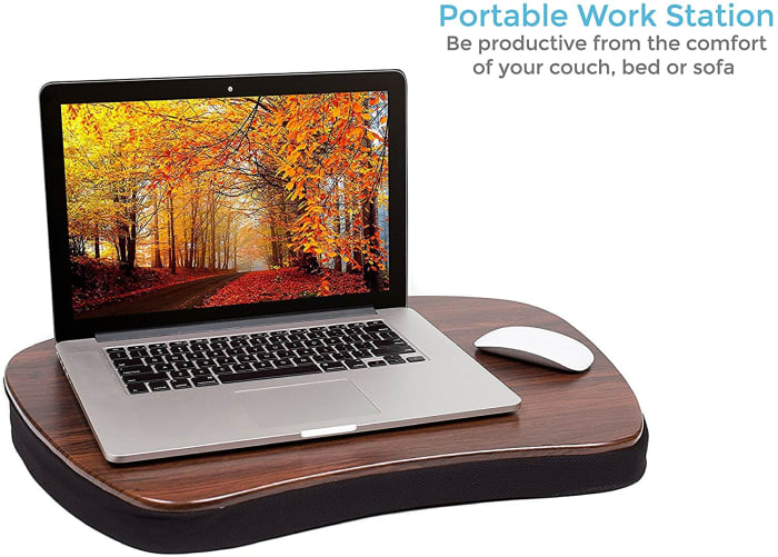 The Sofia + Sam Oversized Memory Foam Lap Desk. The great thing about this lap desk is that it is large, so you have lots of work space to play with.