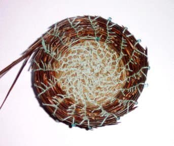 Starting my first pine needle basket. I stitched the bottom and started up the side. I was very pleased with how it was working up.