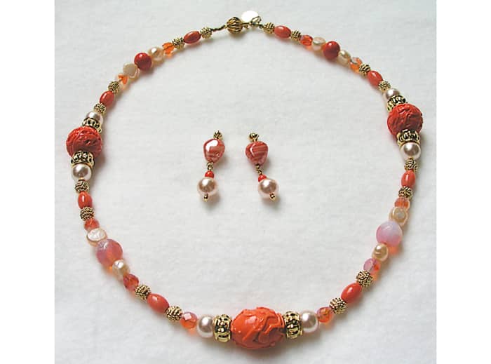 A one-of-a-kind necklace and earrings set I designed, inspired by 1950s vintage Miriam Haskell jewelry. Made entirely from very rare vintage glass beads, vintage glass pearls and gold-plated components, and freshwater pearls.
