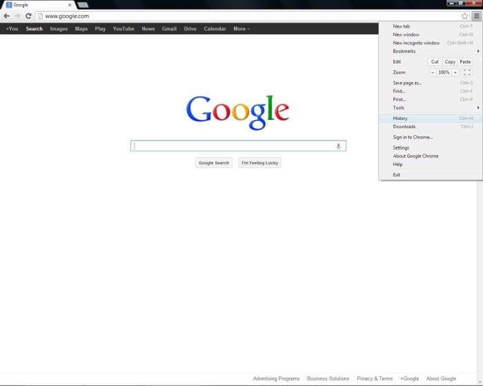 The menu options in Google Chrome are simple and straightforward, with "History" easy to find.
