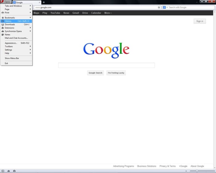 Opera's well-organized user menu makes it easy to find the "History" option.