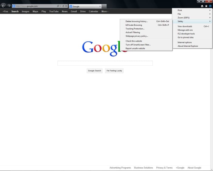 In Internet Explorer, the privacy and browsing settings are found under the option "Safety".