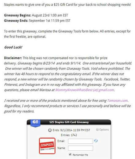 An example of a disclosure notice for a giveaway on my blog Mommy Knows What's Best