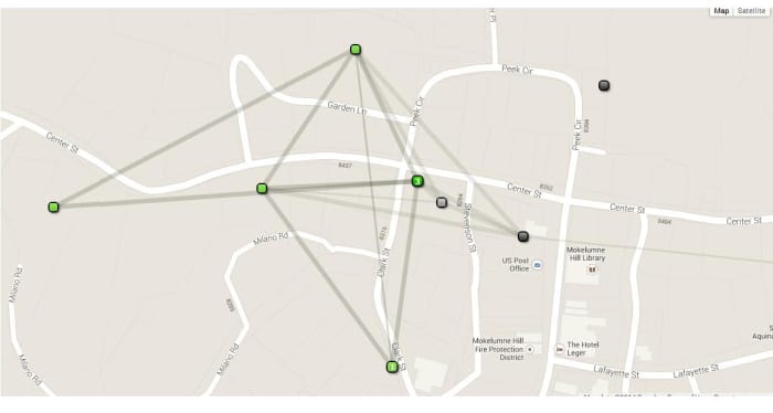 The dark green unit is a gateway, the light green units are repeaters, the gray units are down/offline (Click for larger image)