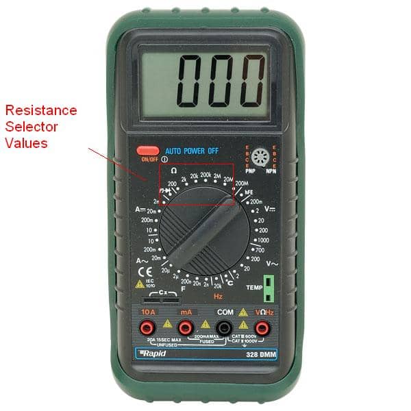 The rotating knob positions for measuring resistance. This particular multimeter unit also includes a frequency meter near the bottom of the selector, with an F sign.
