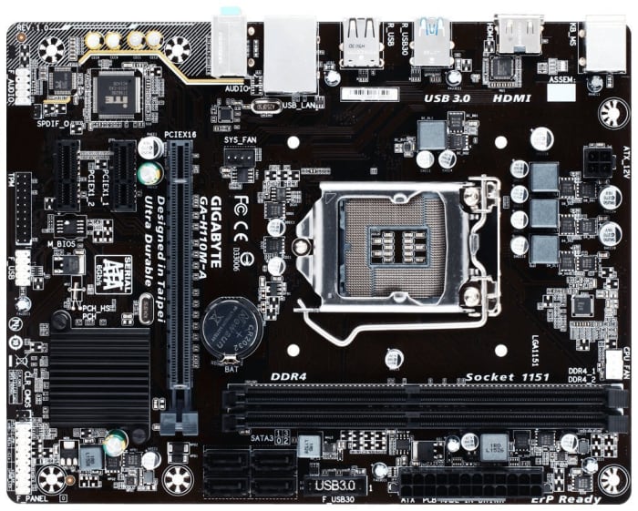 The Gigabyte GA-H110M-A is small but supports Skylake processors and gives you a lot of bang for your buck.