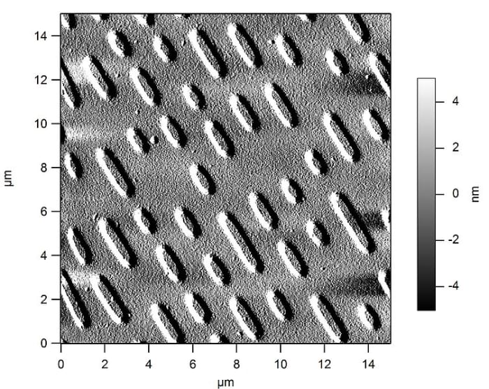 Electron microscope image of a CD. Data is stored as "pits" on the CD. Pits are approximately 100nm deep, 500 nm wide and 850nm to 3.5 microns long