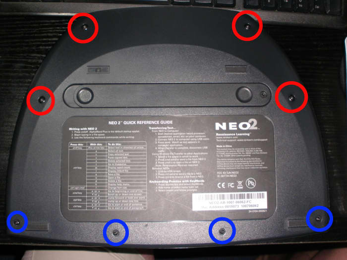 Remove the four T10 screws that are circled in red, as well as the four T6 screws circled in blue. The battery door screw doesn't need to be removed on the Neo2 to take the back panel off, mine was just missing this screw when I purchased it used.