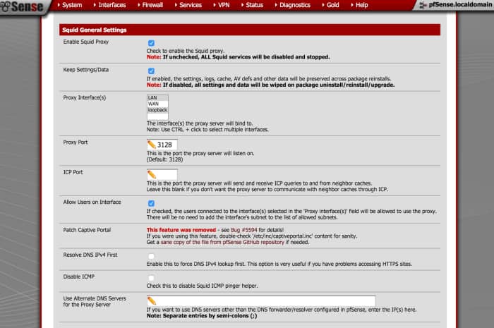 Squid3 General Settings Page in pfSense
