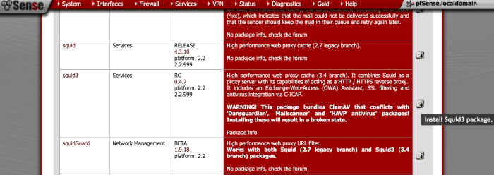 Installing the Squid3 package from the pfSense package manager.