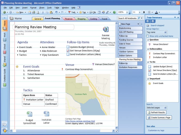 Microsoft OneNote lets you move text and images to any location on a page. Additionally, you can insert a variety of iconography to call out to create visual flags associated with the text on the page.
