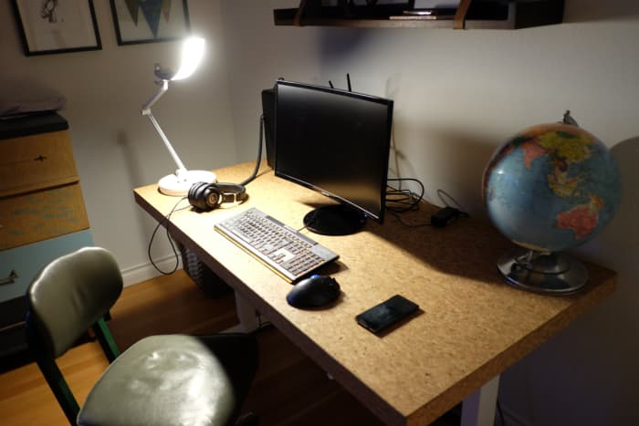 I took this photo (in pitch black) to emphasize how much light the lamp will throw. My desk is almost four feet across and the eReading can illuminate the whole thing.