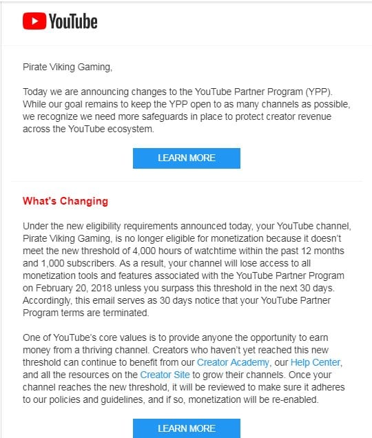 Small creators like me received this email telling us that we aren't big enough to make them money, it's a good thing I write articles that do make money!