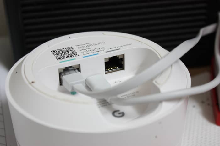 It comes with two ethernet ports and one electrical port. All we had to do was connect the ethernet cord, which comes with the Google Wifi, from the Google node to the modem.