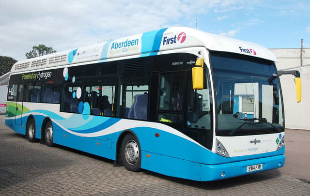 This is a hydrogen-fuelled bus in Aberdeen, Scotland. It completes its entire daily route on one fill up.