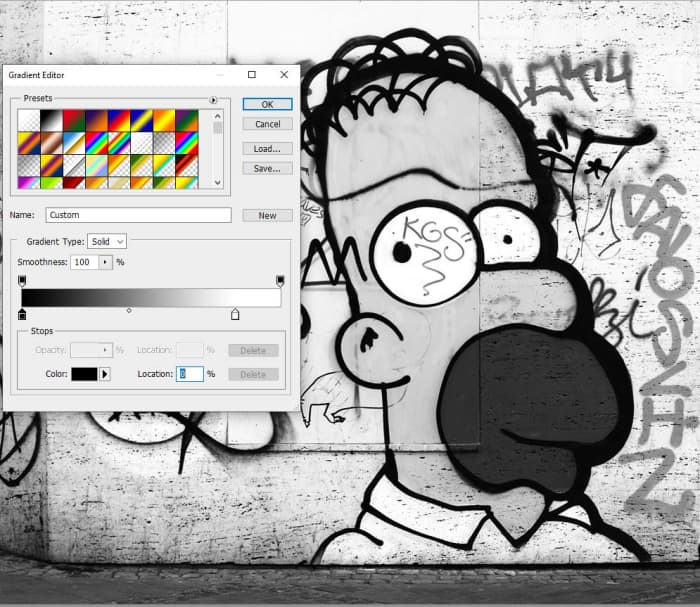 If the black and white color stops are close, you get an image with 100% white and 100% black. If you want gray areas you have to separate the color stops.