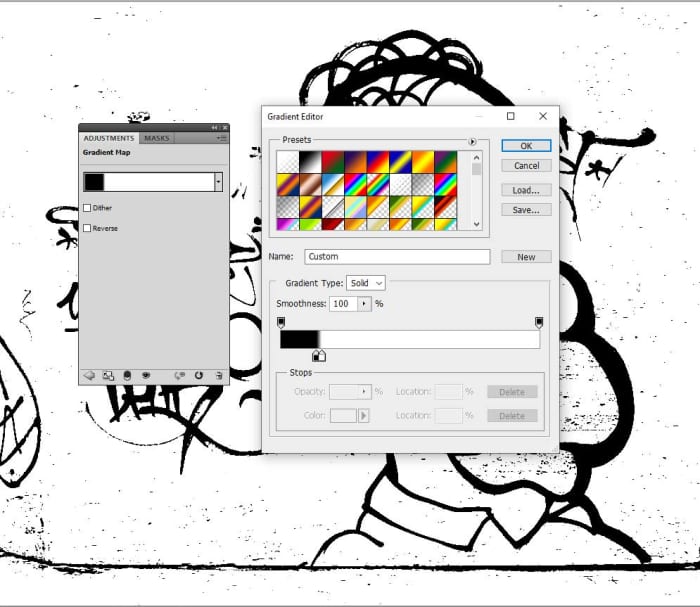 For this image, the location of the black color stop is 14%, and the location of the white color stop is 16%.
