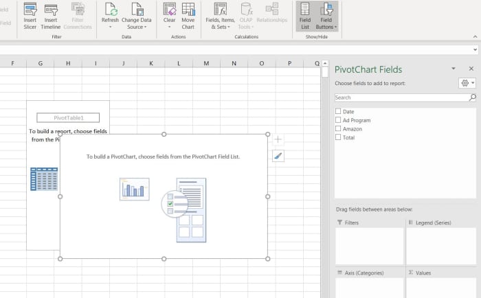 Here, a PivotTable is displayed in its rawest form. It won't be until attributes are added to each axis until the table or graph forms.