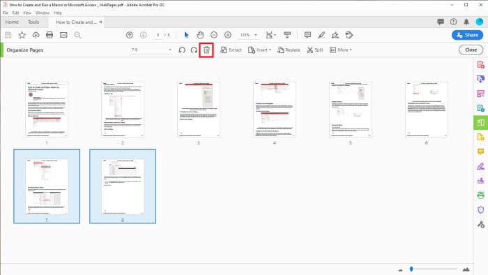 Pages can be deleted individually by selecting them and hovering over them. After the delete page option appears, click on it.