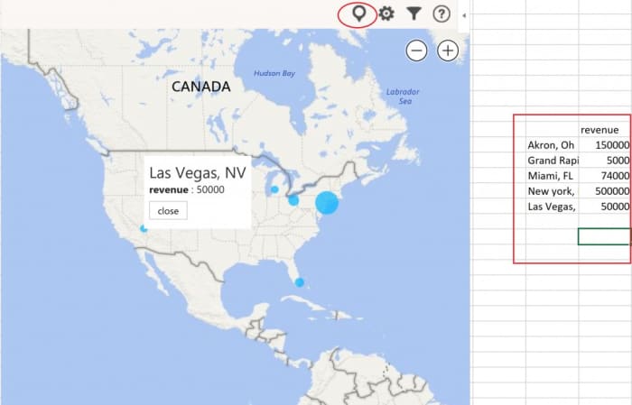 The Bing Map works best when used with data that needs to display locations. Locations can be determined by zip code, city, region, or even by country. The map can be utilized to mark locations in any country in the world.