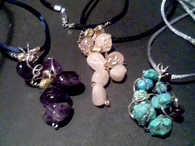Amethyst, rose quartz, and turquoise drop pendants with freshwater pearl and garnet accents in sterling silver and 14k r.gold
