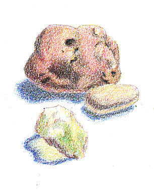 A light layer of yellow is glazed over almost everything except some white highlights on the green rock in the front. This includes the shadows, which are now muted to more neutral blue-gray rather than bright violet.