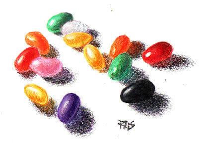 Jelly Beans from a Reference Image Library photo by Olika on WetCanvas.com drawn in Koh-I-Noor Progresso colored pencils by Robert A. Sloan. Look at the reflected color in the shadows of these bright objects.
