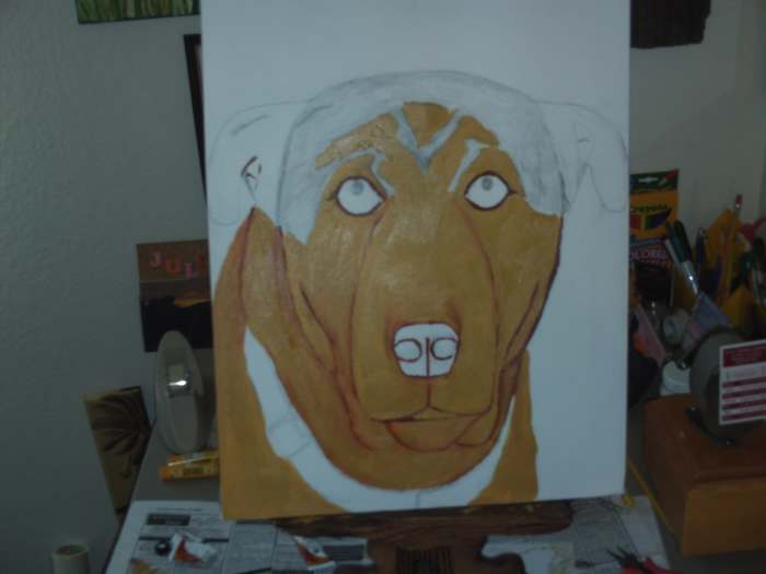 Here I have finished painting in the beige portions of Buster' face.