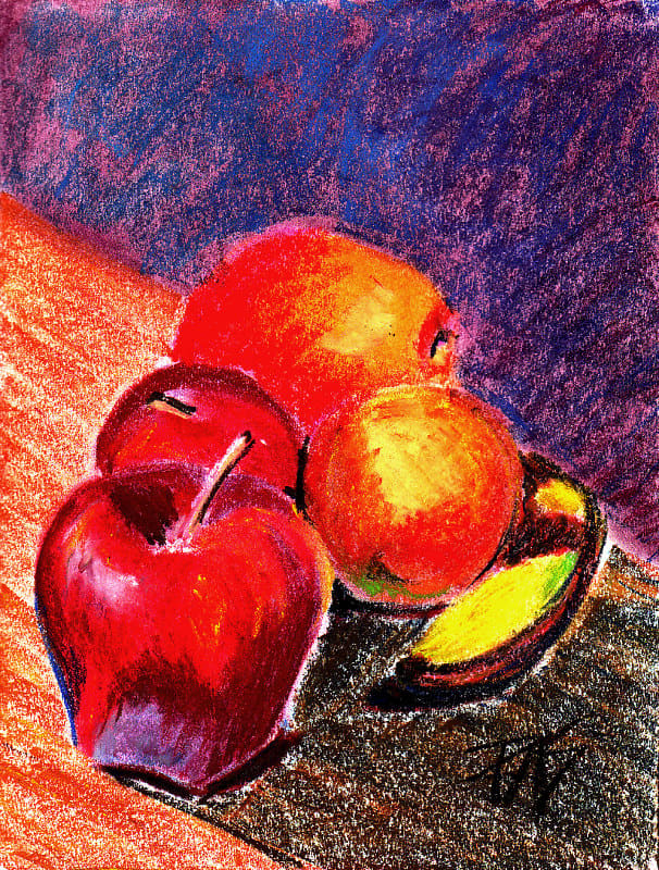 Apples, Oranges, and Banana, still life in Richeson pastels, Art Spectrum and Sennelier on white sketchbook paper by Robert A. Sloan. 8 1/2" x 11"