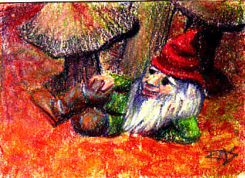 Garden Gnome ATC in Cretacolor pastel pencils and Richeson hard pastels on cream Stonehenge paper by Robert A. Sloan