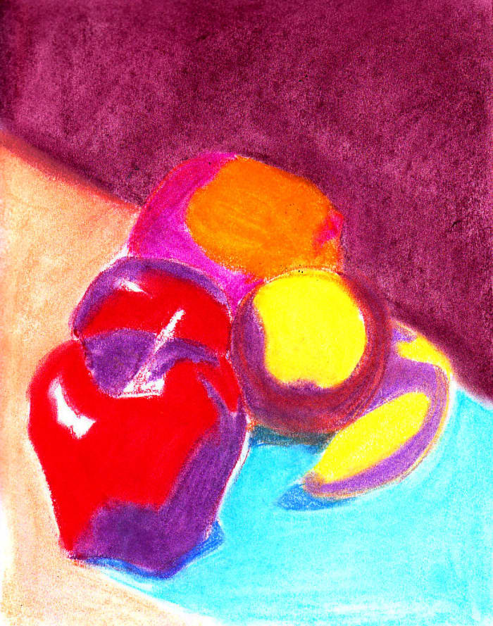Apples, Oranges, and Banana underpainting in Richeson semi-hard pastels on white sketchbook paper by Robert A. Sloan