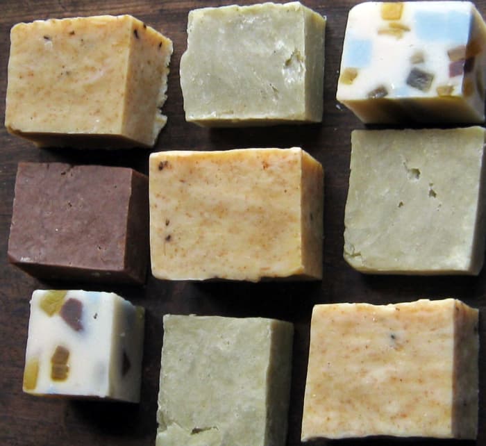 The soap that has the colored spots was made by cutting up glycerine soap into rod shapes and added to the soap mixture just before pouring into the mold.
