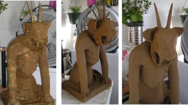 My paper mache statute, coated with a mud/paste mixture. This statute was made entirely from recycled materials.
