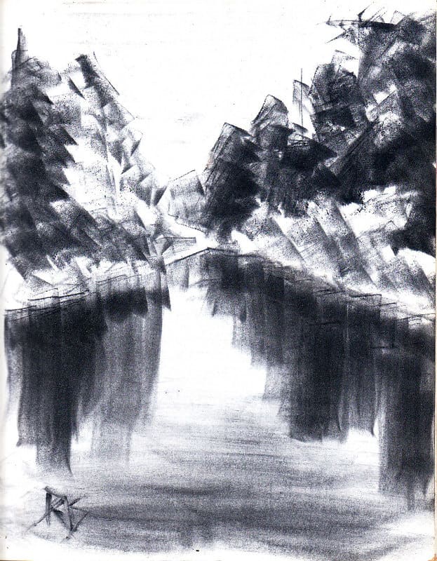 Reflecting Lake Sketch, Pan Pastels Monochrome. Reflecting Lake by Robert A. Sloan, 8 1/2" x 11" monochrome Xtra Dark Ultramarine pan pastel on sketchbook paper.