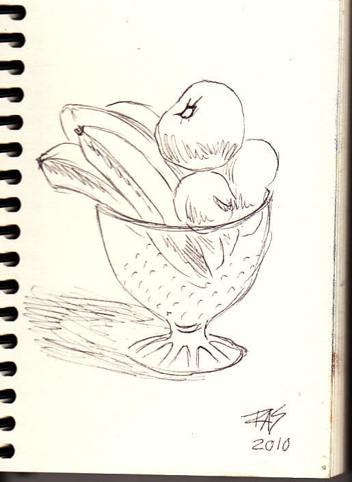 Fruit bowl by Robert A. Sloan, stage one, ballpoint pen sketch on Pentalic Nature Sketch off white heavy drawing paper.
