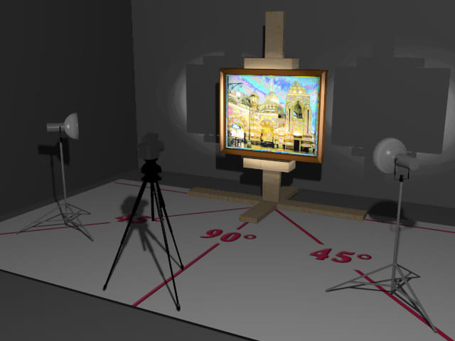 The correct way to photograph art: Notice where the lights are positioned in relation to the painting.
