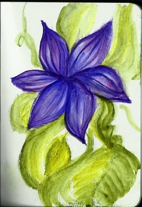 "Clematis" painting from YouTube video on Inktense Blocks, by Robert A. Sloan using Inktense Blocks, water brush on Derwent soft cover journal.