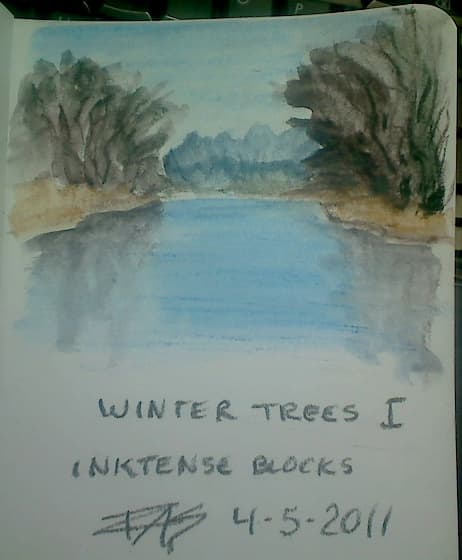 Winter Trees I, 3" x 4" in Inktense Blocks sketched and washed by Robert A. Sloan, on Derwent Soft Cover Art Journal.