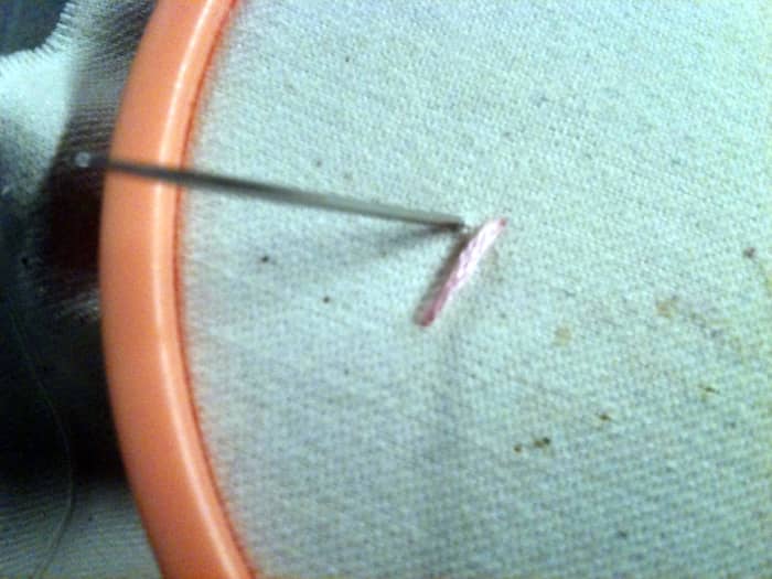 Figure 2: Bringing your needle back out just to the left of where I closed my first straight stitch.