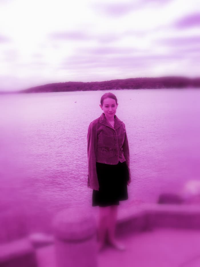 After completing a basic crop and light adjustment, I edited this photo of myself with a purple tint and soft focus. I did all of this with Picasa.