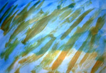 Simple geometric shapes: the background is a simple blue wash and very loose overpainted yellow washes.