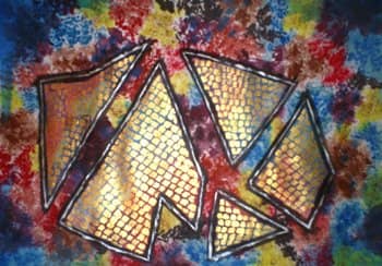 The painting has been completed by adding a dotted metallic texture to those five shapes, complementing the background.