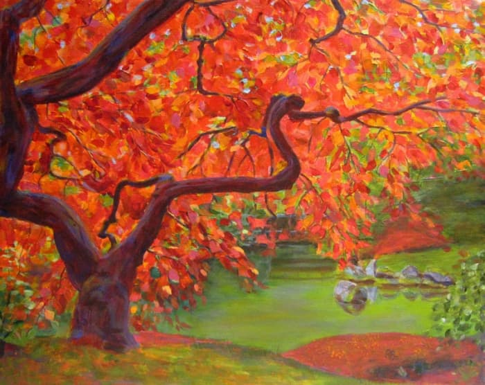 "Japanese Maple Tree" is an example of a tetradic color scheme. The colors used are two pairs of complementary: red, green, blue, and orange. Red is the main color in the composition.