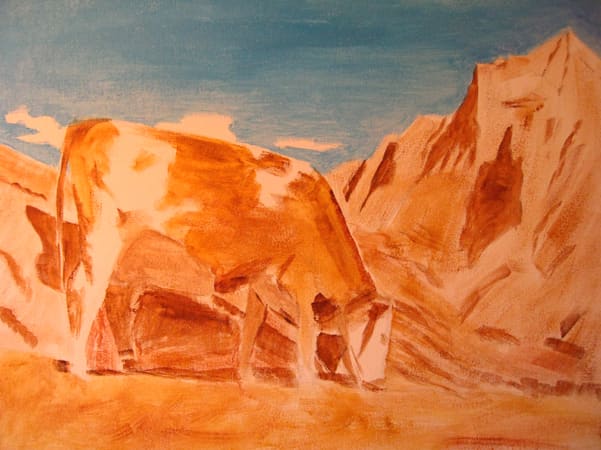 The first layout of the composition with middle values of each shape painted in. "High Pastures" by Robie Benve