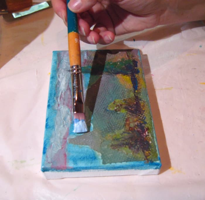 Big brushes are best when painting big areas or using a loose painting style. Small brushes are best for small areas and details. The brush in the photo is small in general, but can be considered big in relation to this small canvas.