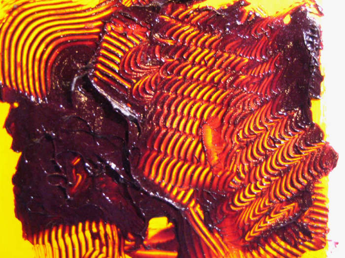 Heavy body acrylic paint thickened with heavy gel gloss allows for deep incisions, called Sgraffito.