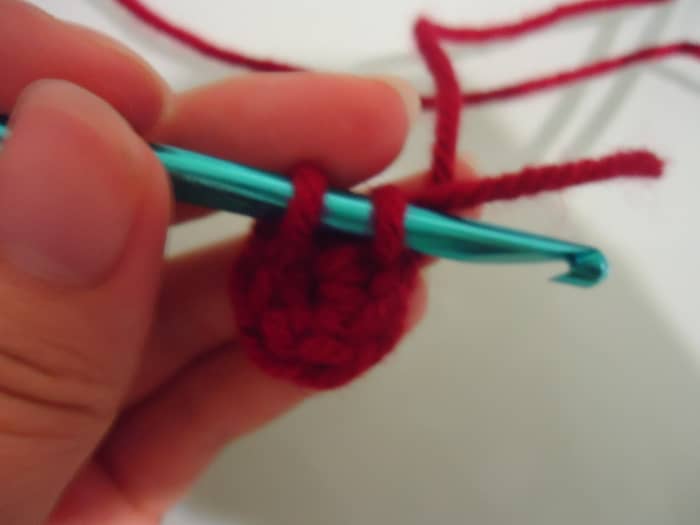 Here is the start of the second row of the pattern. See the yarn tail above the hook? You have to work over it and keep pulling as you work the next stitches.